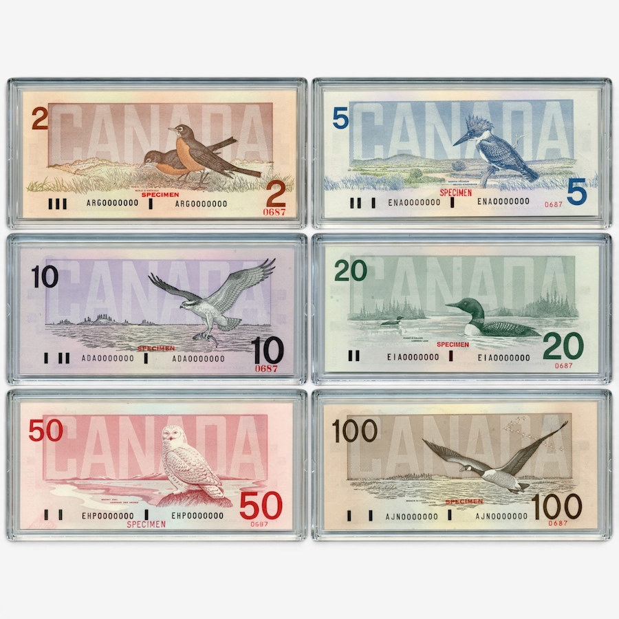Image 732507_ALTMORE1.jpg, Product 732-507 / Price $4,295.00, Bird Series Specimen Banknote Set, Choice to Gem Uncirculated (6-piece collection, 1986–1991, $2–$100, serial numbers 0000000) from Canadian Coin & Currency on TSC.ca's Coins department