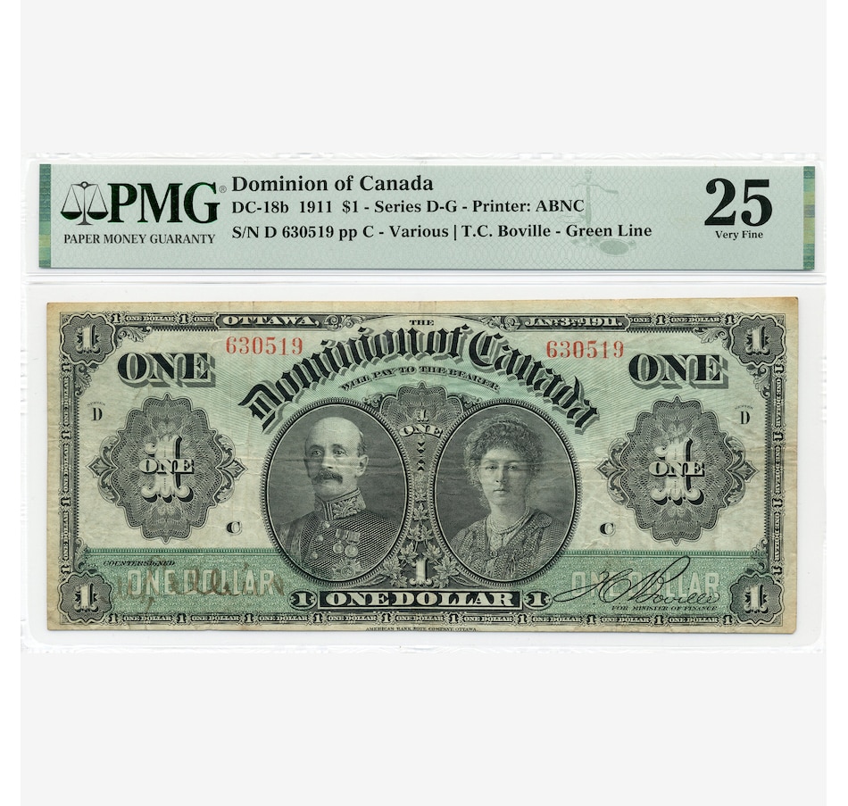 Image 732519.jpg, Product 732-519 / Price $695.00, $1 Dominion of Canada 1911 Banknote PMG Certified Very Fine 25 from Canadian Coin & Currency on TSC.ca's Coins department