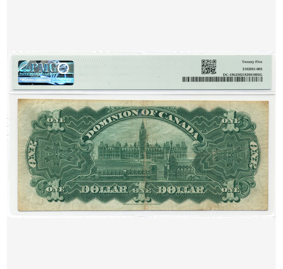 Image 732519_ALTMORE1.jpg, Product 732-519 / Price $695.00, $1 Dominion of Canada 1911 Banknote PMG Certified Very Fine 25 from Canadian Coin & Currency on TSC.ca's Coins department