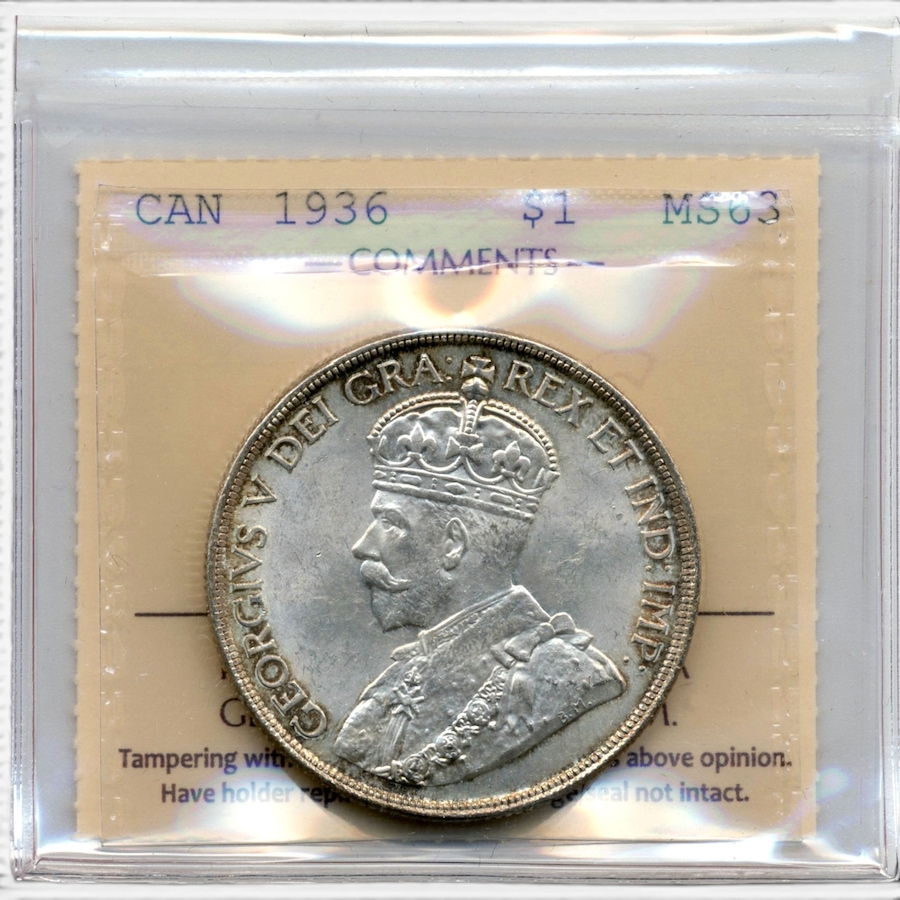 Image 732528.jpg, Product 732-528 / Price $119.95, 1936 Choice Uncirculated Silver Dollar ICCS Certified MS-63 from Canadian Coin & Currency on TSC.ca's Coins department