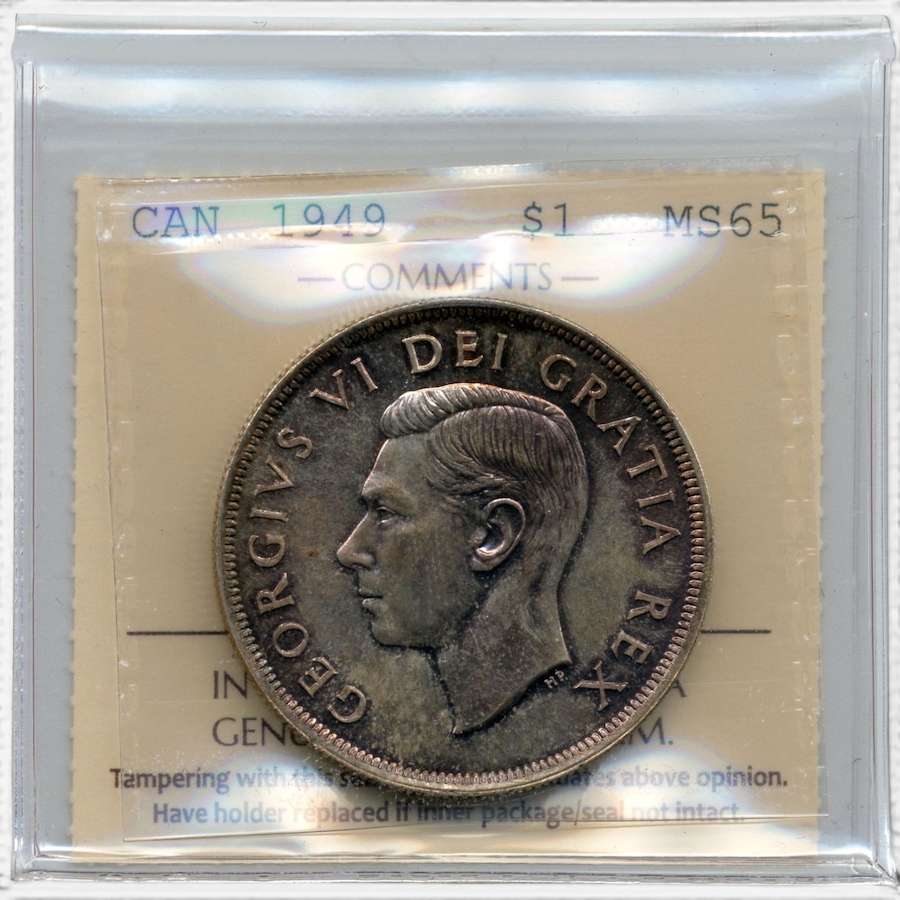 Image 732539.jpg, Product 732-539 / Price $119.95, 1949 Gem Uncirculated Silver Dollar ICCS Certified MS-65, Medium Toning from Canadian Coin & Currency on TSC.ca's Coins department
