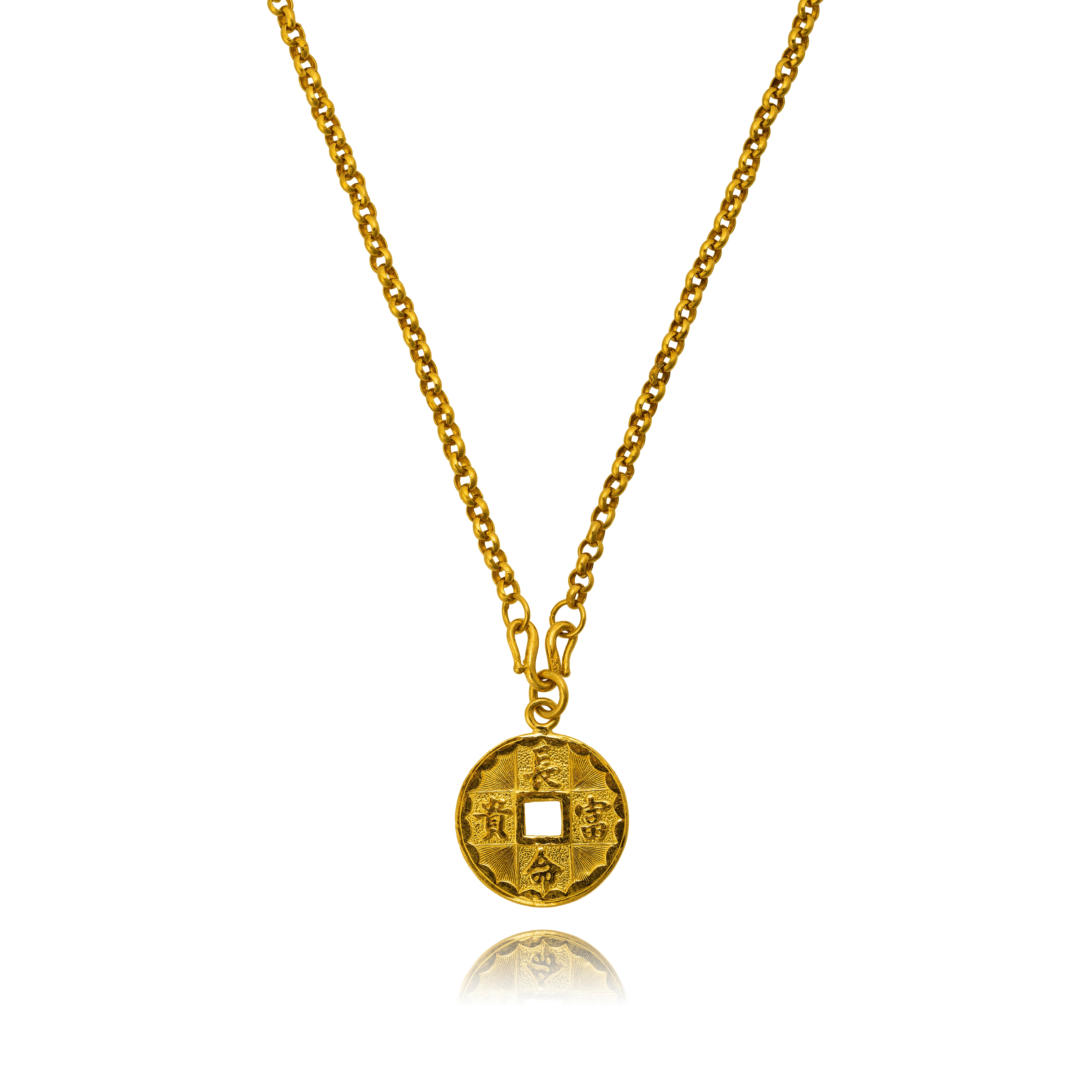 22KT Yellow Gold Lucky Chinese Coin Pendant with Rolo Link Chain