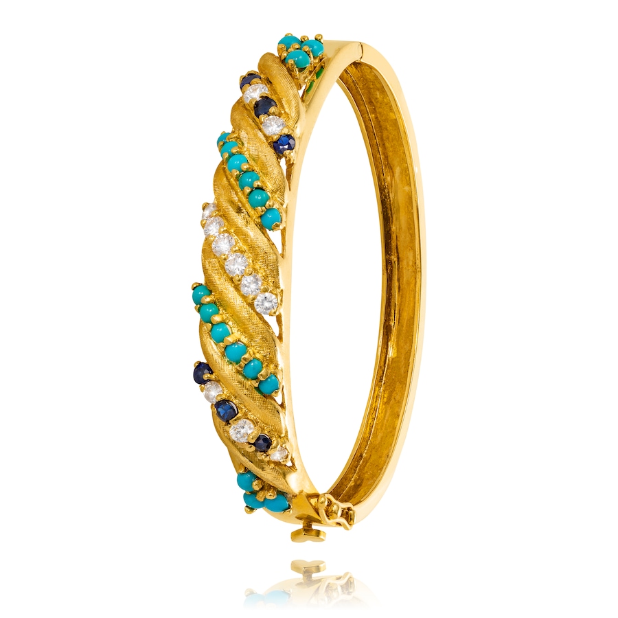 Image 733029.jpg, Product 733-029 / Price $4,995.00, 18KT Yellow Gold Alternating Sapphire, Turquoise and Diamond Dome Bangle Bracelet from Estate Originals on TSC.ca's Jewellery department