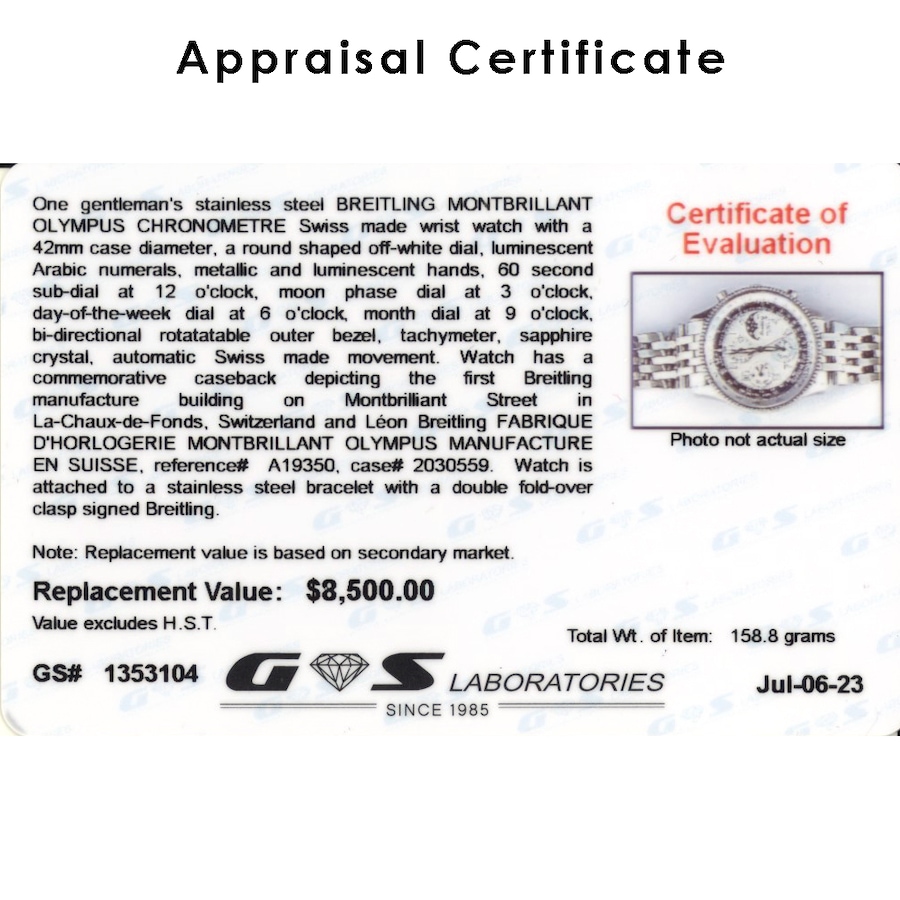 Image 733030_ALTMORE4.jpg, Product 733-030 / Price $7,995.00, Gentleman's Stainless Steel BREITLING MONTBRILLIANT OLYMPUS CHRONOMETRE Swiss Made Wristwatch from Estate Originals on TSC.ca's Jewellery department