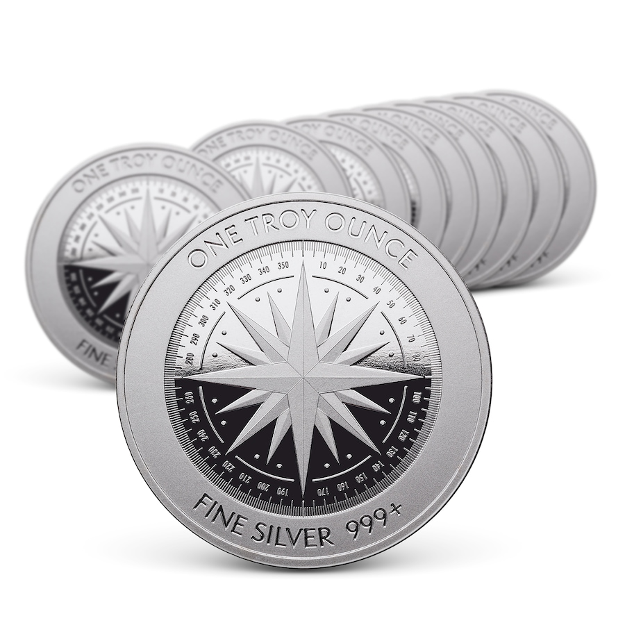 Image 733150.jpg, Product 733-150 / Price $545.00, 10 Asahi Compass Design One-Ounce .999+ Fine Silver Rounds (10 oz total) from Investment Gold and Silver on TSC.ca's Coins department