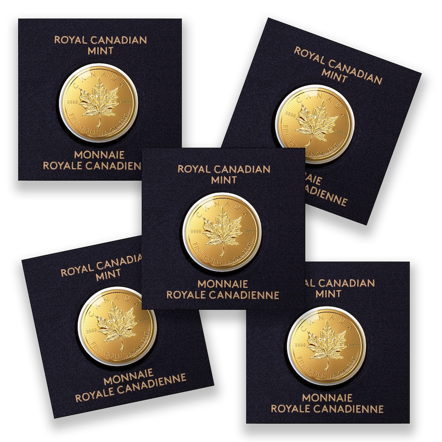 Image 733153.jpg, Product 733-153 / Price $820.00, Five Royal Canadian Mint Maple Gram Coins (5 g total) from Investment Gold and Silver on TSC.ca's Coins department