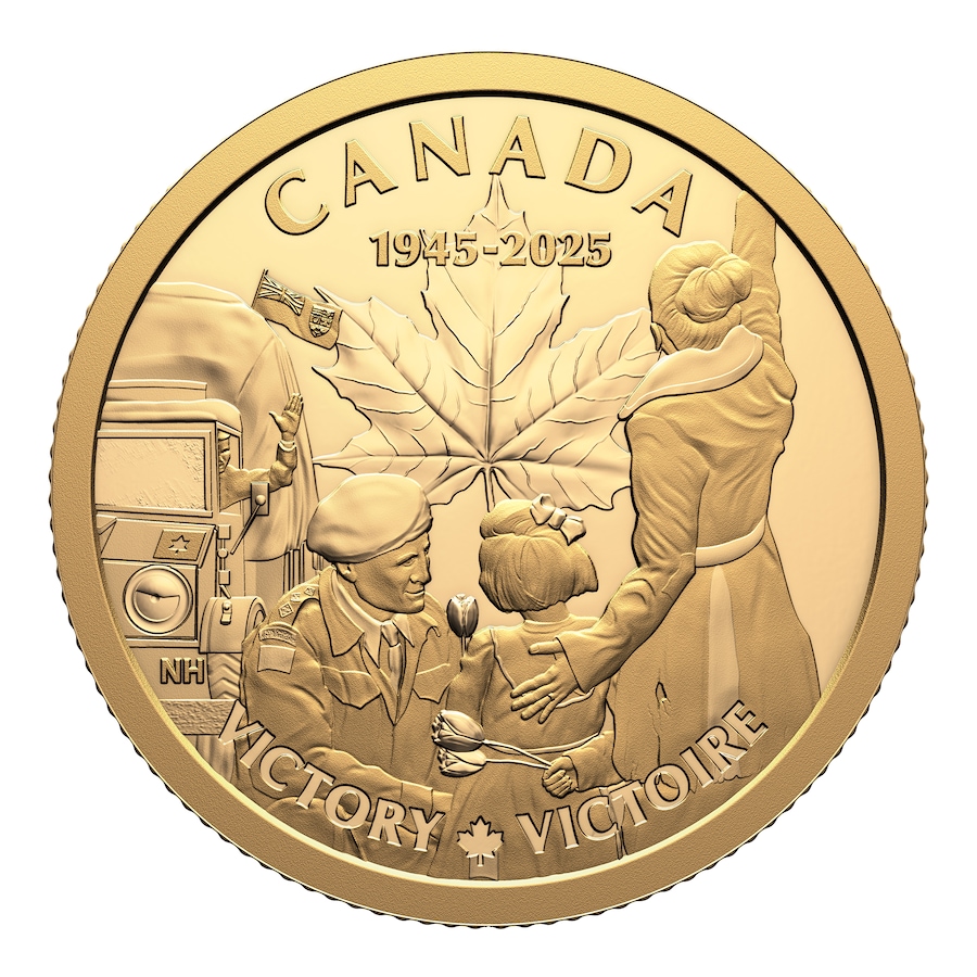 Image 733169.jpg, Product 733-169 / Price $2,299.95, 2025 $100 Fine Gold Coin 80th Anniversary of the End of WWII in Europe from Royal Canadian Mint (RCM) on TSC.ca's Coins department
