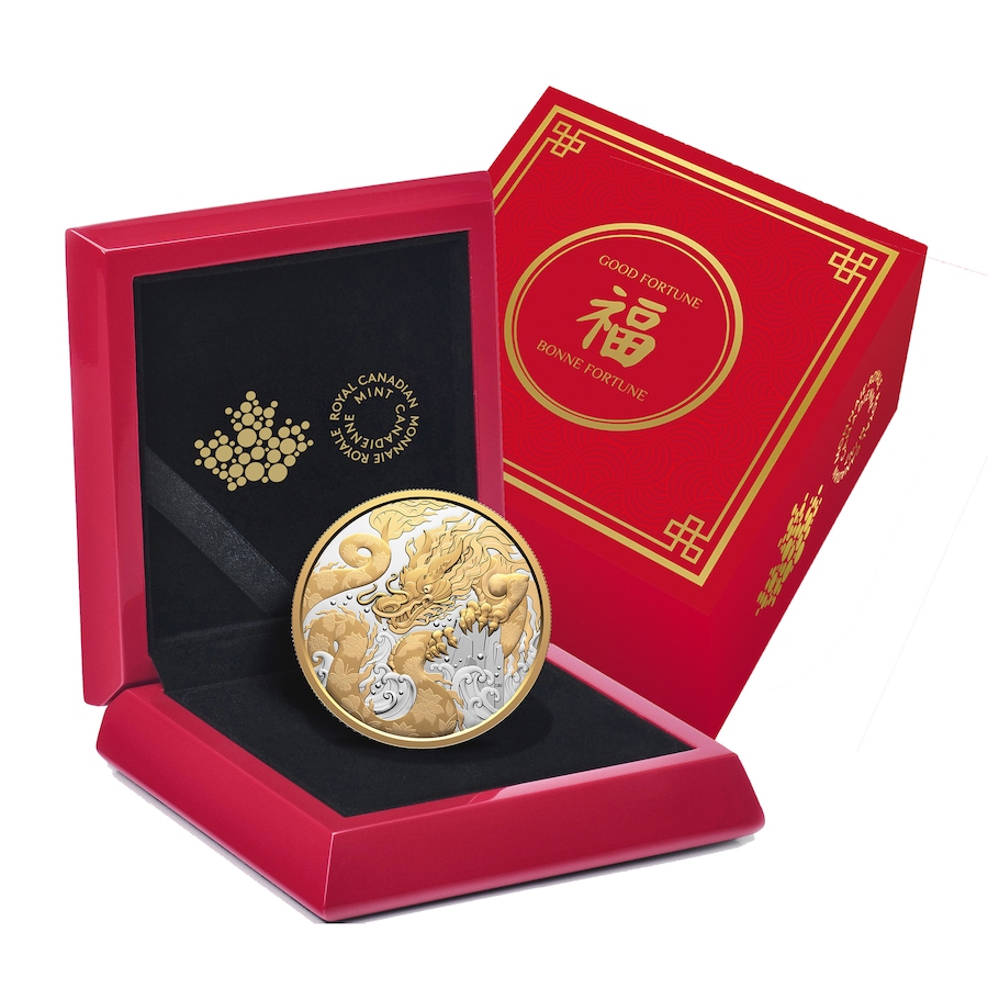 Image 733176_ALTMORE4.jpg, Product 733-176 / Price $1,099.95, 2025 $50 Fine Silver Water Dragon Coin with Selective Gold Plating from Royal Canadian Mint (RCM) on TSC.ca's Coins department