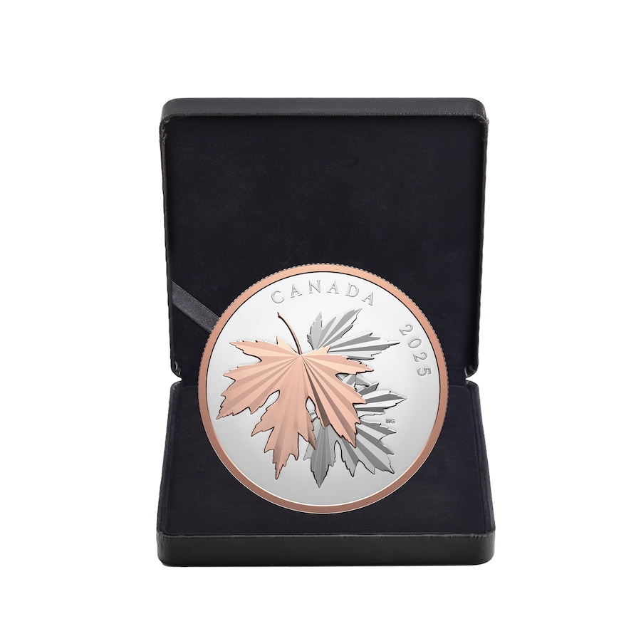Image 733177_ALTMORE2.jpg, Product 733-177 / Price $2,195.00, 2025 $100 Gleaming Maple Leaves 10-Ounce Fine Silver Coin from Royal Canadian Mint (RCM) on TSC.ca's Coins department