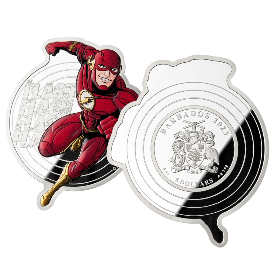 Image 733185.jpg, Product 733-185 / Price $895.00, 2023 The Flash Five-Ounce Fine Silver Coin $5 Barbados from Canadian Coin & Currency on TSC.ca's Coins department