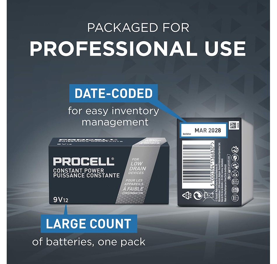 Image 733449_ALTMORE4.jpg, Product 733-449 / Price $30.99, Procell Alkaline Constant Power 9V, 1.5V (pack of 12) from Procell on TSC.ca's Electronics department