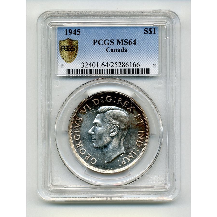 Image 733483.jpg, Product 733-483 / Price $2,475.00, Rare Low-Mintage 1945 Silver Dollar, PCGS Graded Choice Uncirculated MS-64 from Canadian Coin & Currency on TSC.ca's Coins department
