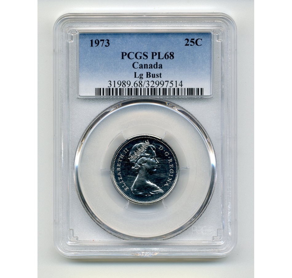 Image 733491.jpg, Product 733-491 / Price $2,295.00, Rare 1973 Large Bust Quarter, PCGS Certified Superb Gem Proof-Like 68 (with comparison regular small bust quarter and information page) from Canadian Coin & Currency on TSC.ca's Coins department