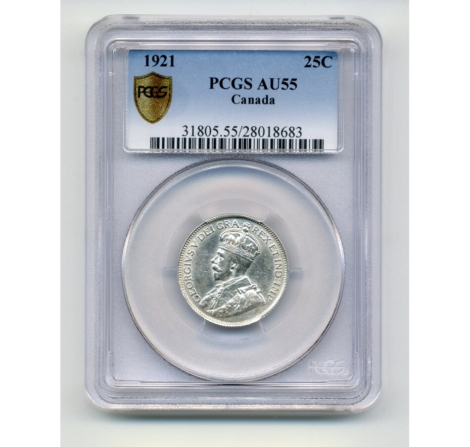 Image 733500.jpg, Product 733-500 / Price $1,195.00, Canada 1921 25-Cent Coin, PCGS Graded Choice About Uncirculated AU-55 from Canadian Coin & Currency on TSC.ca's Coins department