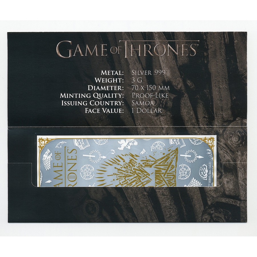 Image 733754_ALTMORE3.jpg, Product 733-754 / Price $69.95, 2024 Game of Thrones Three-Gram $1 Pure Silver Note, Samoa from Canadian Coin & Currency on TSC.ca's Coins department
