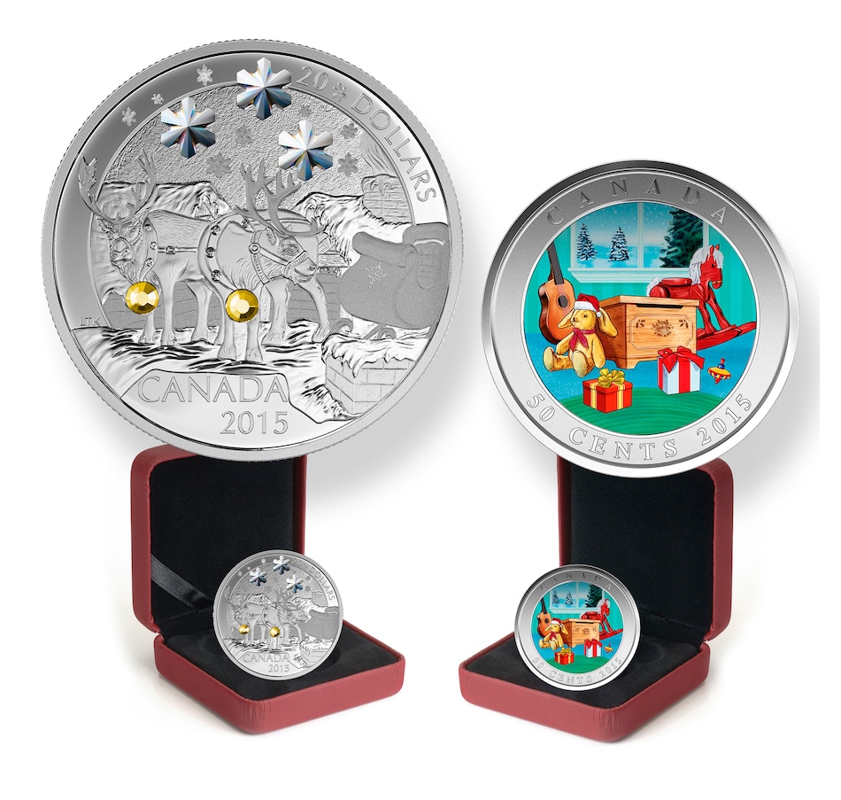 Image 733758.jpg, Product 733-758 / Price $114.95, $20 Fine Silver Holiday Reindeer Coin 2015 Issue with Swarovski Crystals plus Bonus Lenticular Holiday Toy Box Coin from Royal Canadian Mint (RCM) on TSC.ca's Coins department