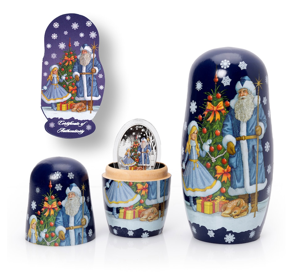Image 733759.jpg, Product 733-759 / Price $189.95, 2025 Father Frost and the Snow Maiden $5 One-Ounce Fine Silver Coin in Matryoshka Nesting Doll Presentation, Solomon Islands from Canadian Coin & Currency on TSC.ca's Coins department