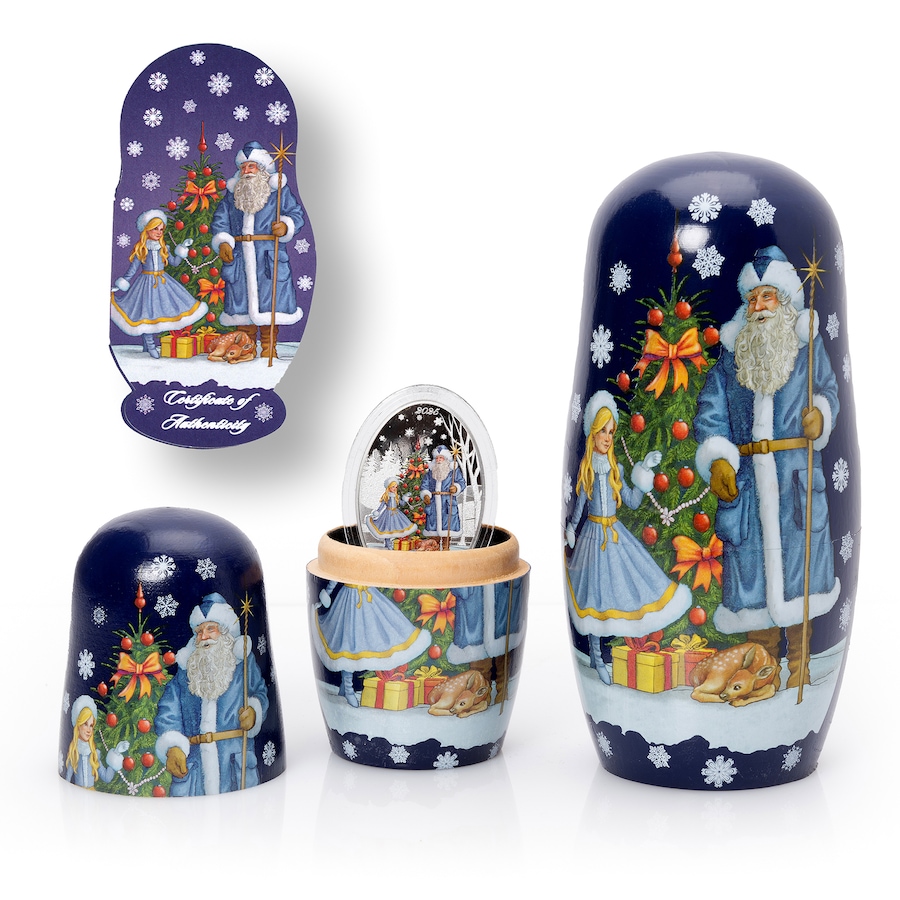 Image 733759.jpg, Product 733-759 / Price $189.95, 2025 Father Frost and the Snow Maiden $5 One-Ounce Fine Silver Coin in Matryoshka Nesting Doll Presentation, Solomon Islands from Canadian Coin & Currency on TSC.ca's Coins department