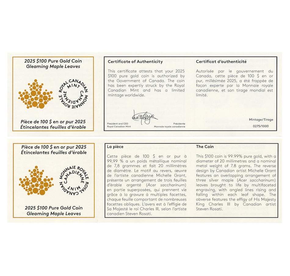Image 733804_ALTMORE1.jpg, Product 733-804 / Price $1,629.95, 2025 $100 Fine Gold Coin - Gleaming Maple Leaf from Royal Canadian Mint (RCM) on TSC.ca's Coins department