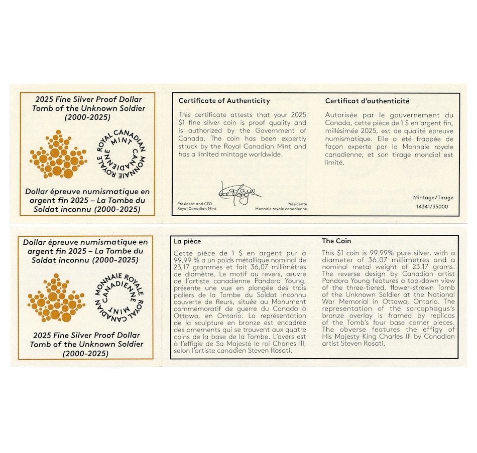 Image 733805_ALTMORE3.jpg, Product 733-805 / Price $99.95, 2025 Proof Silver Dollar Tomb of the Unknown Soldier from Royal Canadian Mint (RCM) on TSC.ca's Coins department