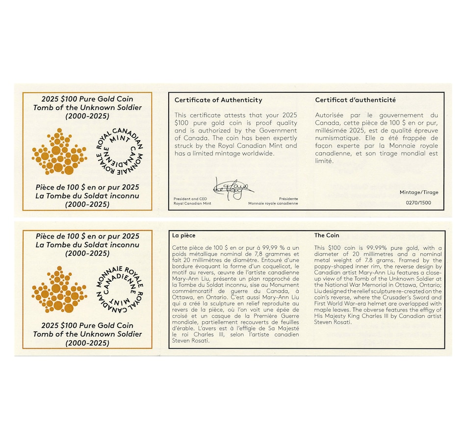 Image 733807_ALTMORE1.jpg, Product 733-807 / Price $1,629.95, 2025 $100 Gold Coin - Tomb of the Unknown Soldier from Royal Canadian Mint (RCM) on TSC.ca's Coins department