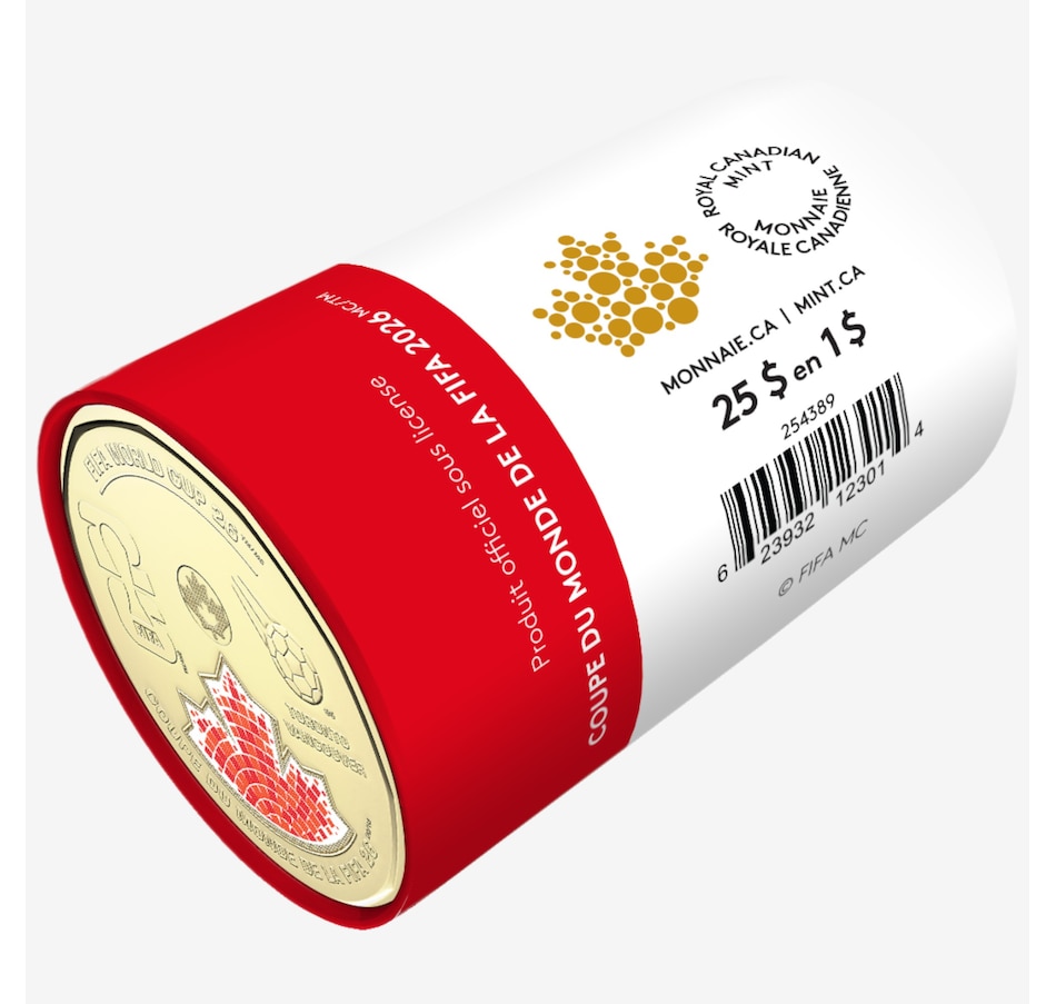 Image 733934.jpg, Product 733-934 / Price $59.95, 2026 FIFA World Cup $1 Special Wrap Roll 25 Coins Coloured from Royal Canadian Mint (RCM) on TSC.ca's Coins department