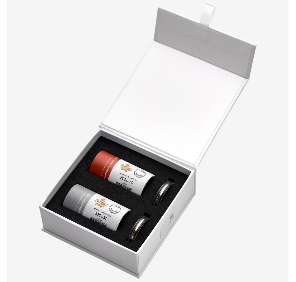 Image 733936.jpg, Product 733-936 / Price $127.95, 2026 FIFA World Cup $1 Box Set of Two Special Wrap Rolls (25 Coins Coloured and 25 Coin Roll Classic, plus two extra coins in display capsules) from Royal Canadian Mint (RCM) on TSC.ca's Coins department