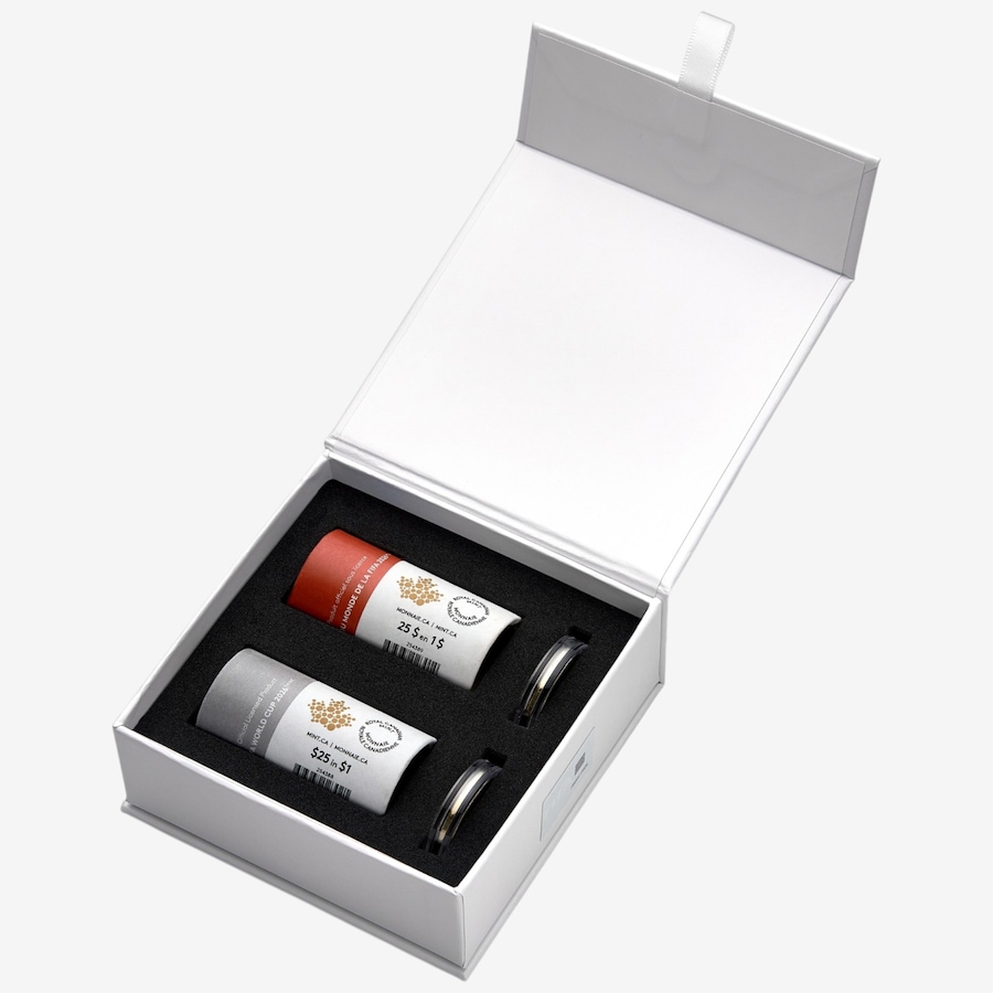 Image 733936.jpg, Product 733-936 / Price $127.95, 2026 FIFA World Cup $1 Box Set of Two Special Wrap Rolls (25 Coins Coloured and 25 Coin Roll Classic, plus two extra coins in display capsules) from Royal Canadian Mint (RCM) on TSC.ca's Coins department