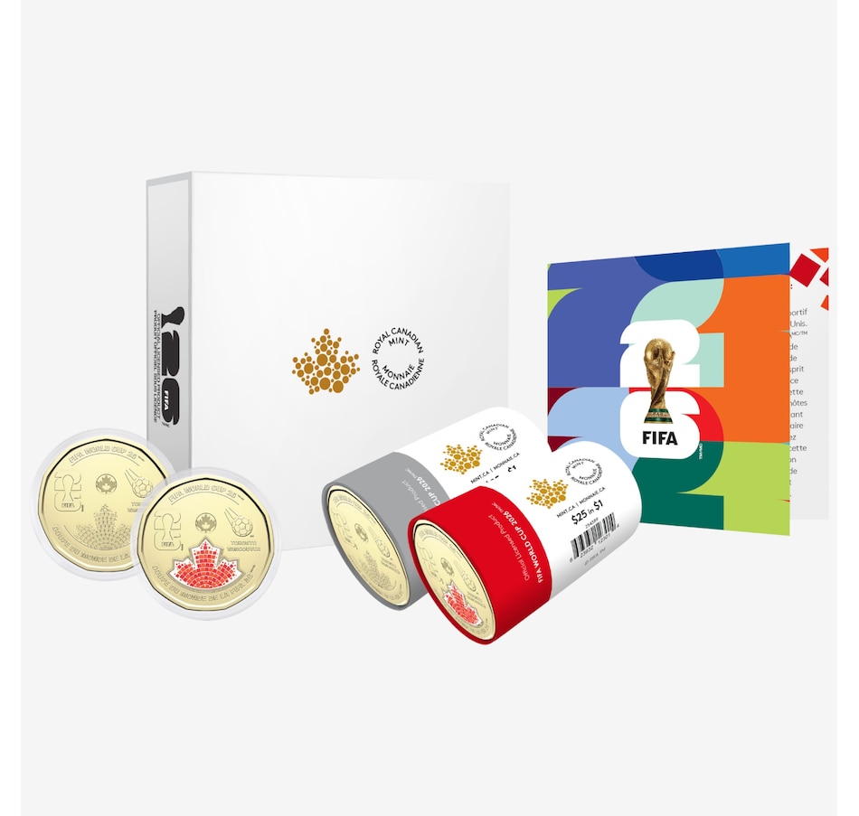 Image 733936_ALTMORE1.jpg, Product 733-936 / Price $127.95, 2026 FIFA World Cup $1 Box Set of Two Special Wrap Rolls (25 Coins Coloured and 25 Coin Roll Classic, plus two extra coins in display capsules) from Royal Canadian Mint (RCM) on TSC.ca's Coins department