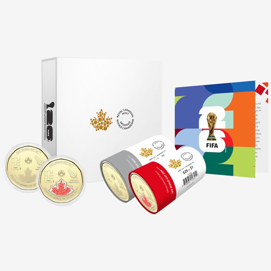 Image 733936_ALTMORE1.jpg, Product 733-936 / Price $127.95, 2026 FIFA World Cup $1 Box Set of Two Special Wrap Rolls (25 Coins Coloured and 25 Coin Roll Classic, plus two extra coins in display capsules) from Royal Canadian Mint (RCM) on TSC.ca's Coins department
