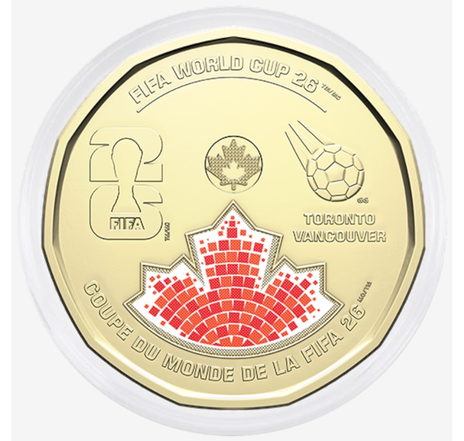 Image 733936_ALTMORE2.jpg, Product 733-936 / Price $127.95, 2026 FIFA World Cup $1 Box Set of Two Special Wrap Rolls (25 Coins Coloured and 25 Coin Roll Classic, plus two extra coins in display capsules) from Royal Canadian Mint (RCM) on TSC.ca's Coins department