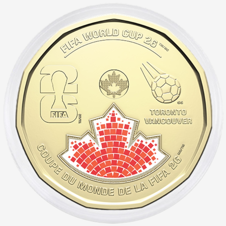 Image 733936_ALTMORE2.jpg, Product 733-936 / Price $127.95, 2026 FIFA World Cup $1 Box Set of Two Special Wrap Rolls (25 Coins Coloured and 25 Coin Roll Classic, plus two extra coins in display capsules) from Royal Canadian Mint (RCM) on TSC.ca's Coins department