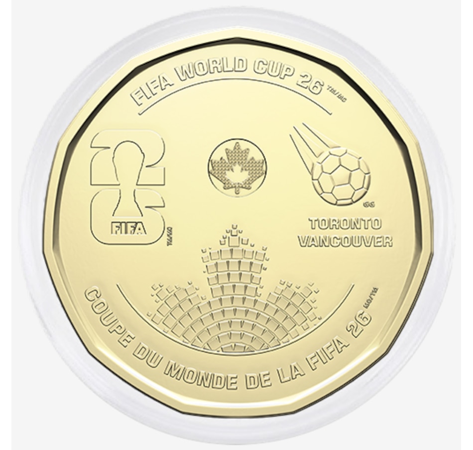 Image 733936_ALTMORE3.jpg, Product 733-936 / Price $127.95, 2026 FIFA World Cup $1 Box Set of Two Special Wrap Rolls (25 Coins Coloured and 25 Coin Roll Classic, plus two extra coins in display capsules) from Royal Canadian Mint (RCM) on TSC.ca's Coins department