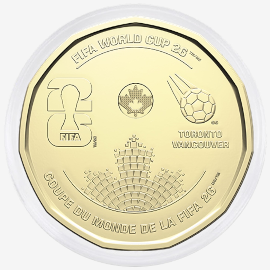 Image 733936_ALTMORE3.jpg, Product 733-936 / Price $127.95, 2026 FIFA World Cup $1 Box Set of Two Special Wrap Rolls (25 Coins Coloured and 25 Coin Roll Classic, plus two extra coins in display capsules) from Royal Canadian Mint (RCM) on TSC.ca's Coins department