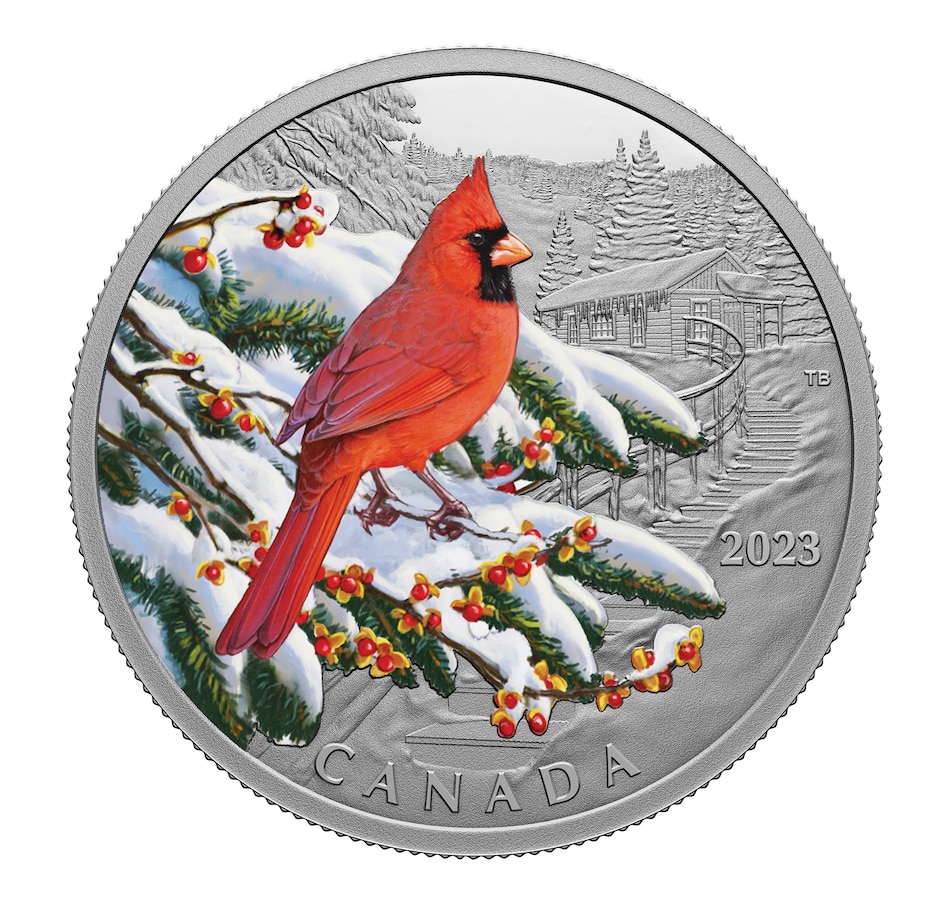 Image 734401.jpg, Product 734-401 / Price $109.95, 2023 $20 Fine Silver Colourful Birds: Northern Cardinal from Royal Canadian Mint on TSC.ca's Coins department