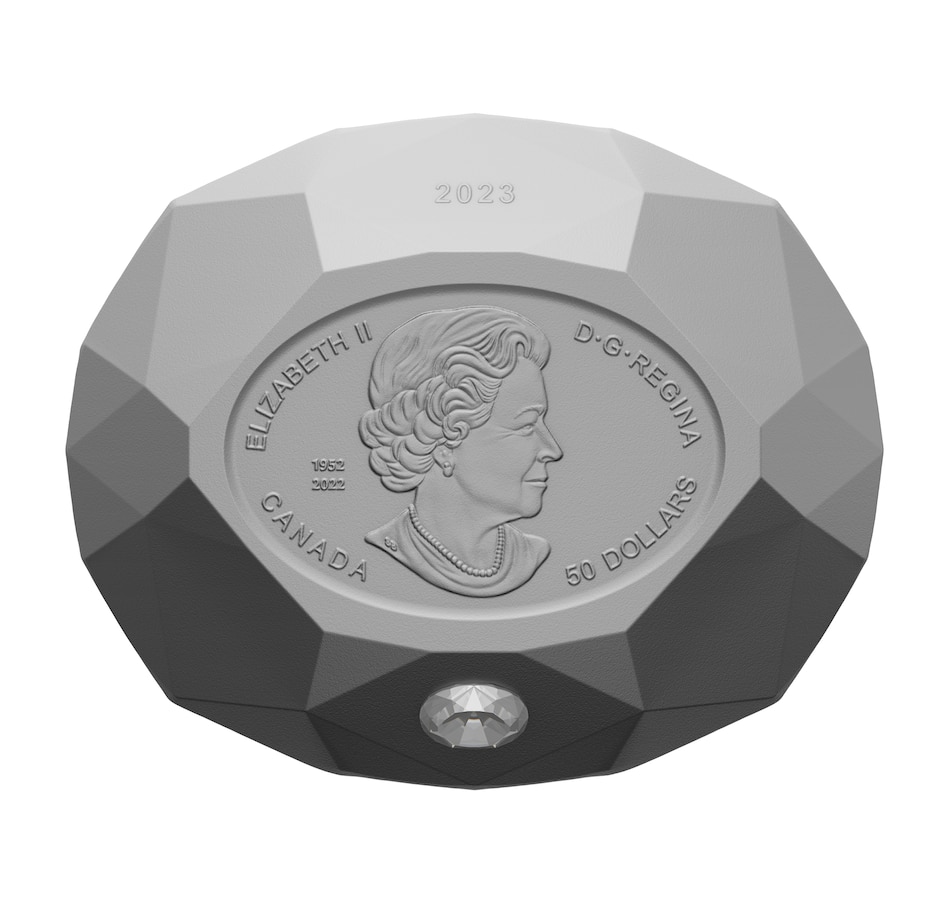 Image 734406.jpg, Product 734-406 / Price $1,699.95, 2023 $50 Oval Diamond-Shaped Fine Silver Coin Forevermark Diamond from Royal Canadian Mint on TSC.ca's Coins department