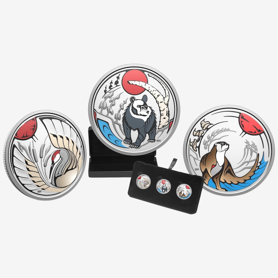 Image 734550.jpg, Product 734-550 / Price $439.90, 2026 $15 Clan Animals Three-Coin Subscription Sandhill Crane, Bear, Otter (3/4 oz fine silver coins) from Royal Canadian Mint (RCM) on TSC.ca's Coins department
