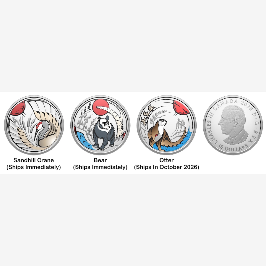 Image 734550_ALTMORE2.jpg, Product 734-550 / Price $439.90, 2026 $15 Clan Animals Three-Coin Subscription Sandhill Crane, Bear, Otter (3/4 oz fine silver coins) from Royal Canadian Mint (RCM) on TSC.ca's Coins department