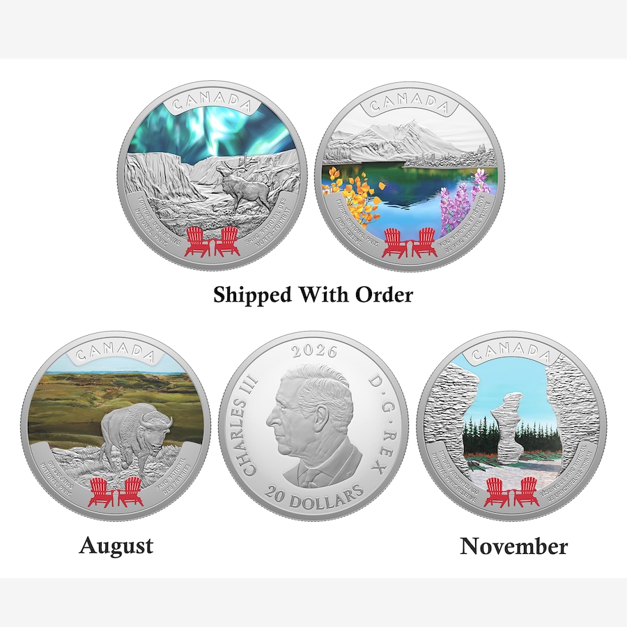 Image 734552_ALTMORE1.jpg, Product 734-552 / Price $559.90, 2026 $20 National Parks Four-Coin Set Subscription (first two coins shipped now) from Royal Canadian Mint (RCM) on TSC.ca's Coins department