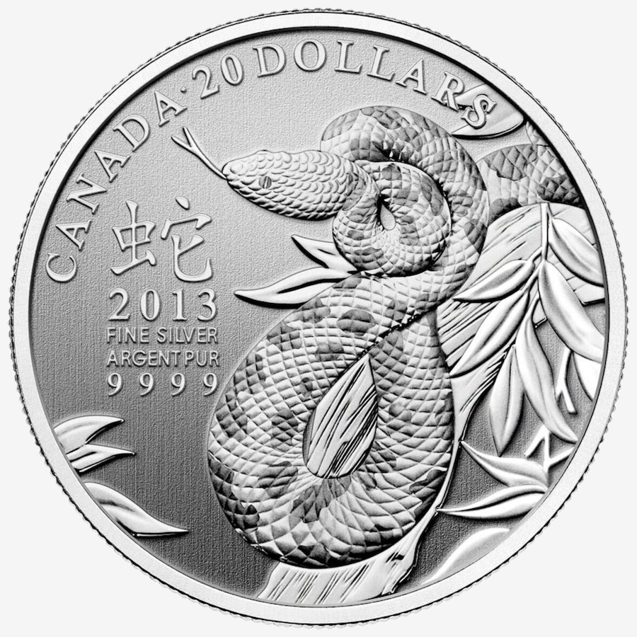 Image 734555_ALTMORE1.jpg, Product 734-555 / Price $39.95, 2013 $20 Year of the Snake 1/4 oz Fine Silver Coin from Royal Canadian Mint (RCM) on TSC.ca's Coins department
