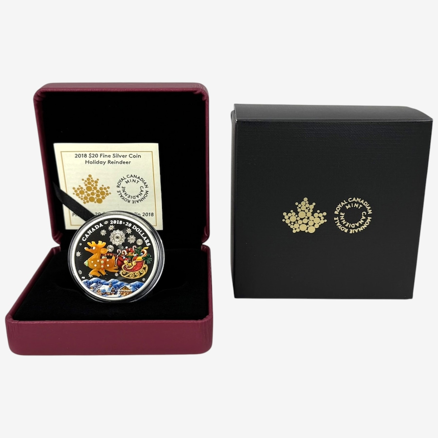 Image 734556.jpg, Product 734-556 / Price $219.95, 2018 $20 One-Ounce Fine Silver Coin Holiday Reindeer with Murano Glass from Royal Canadian Mint (RCM) on TSC.ca's Coins department