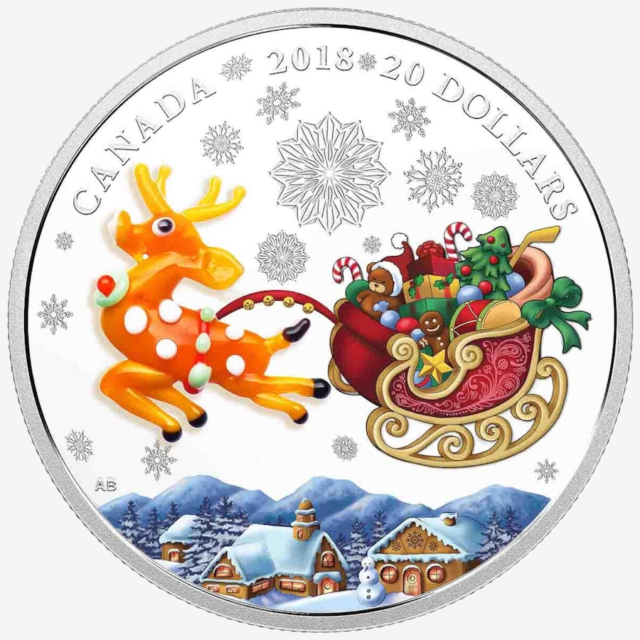 Image 734556_ALTMORE1.jpg, Product 734-556 / Price $219.95, 2018 $20 One-Ounce Fine Silver Coin Holiday Reindeer with Murano Glass from Royal Canadian Mint (RCM) on TSC.ca's Coins department