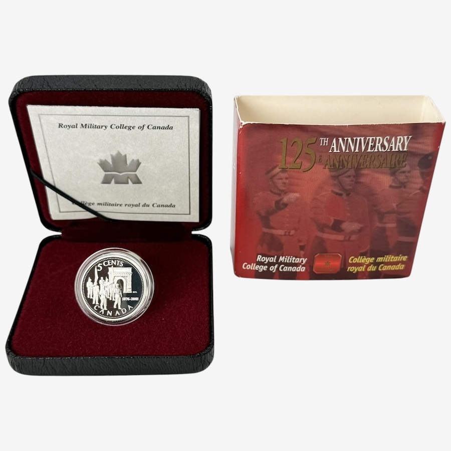 Image 734561.jpg, Product 734-561 / Price $39.95, 2001 125th Anniversary of the Royal Military College Sterling Silver Five-Cent Coin  from Royal Canadian Mint (RCM) on TSC.ca's Coins department