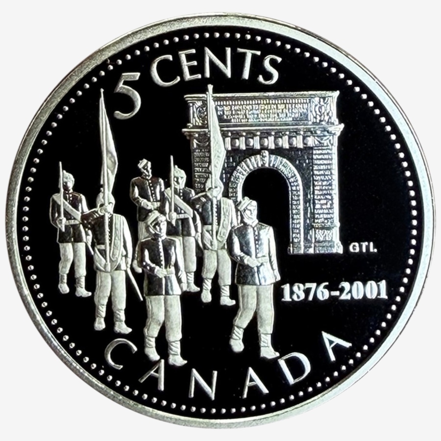Image 734561_ALTMORE1.jpg, Product 734-561 / Price $39.95, 2001 125th Anniversary of the Royal Military College Sterling Silver Five-Cent Coin  from Royal Canadian Mint (RCM) on TSC.ca's Coins department