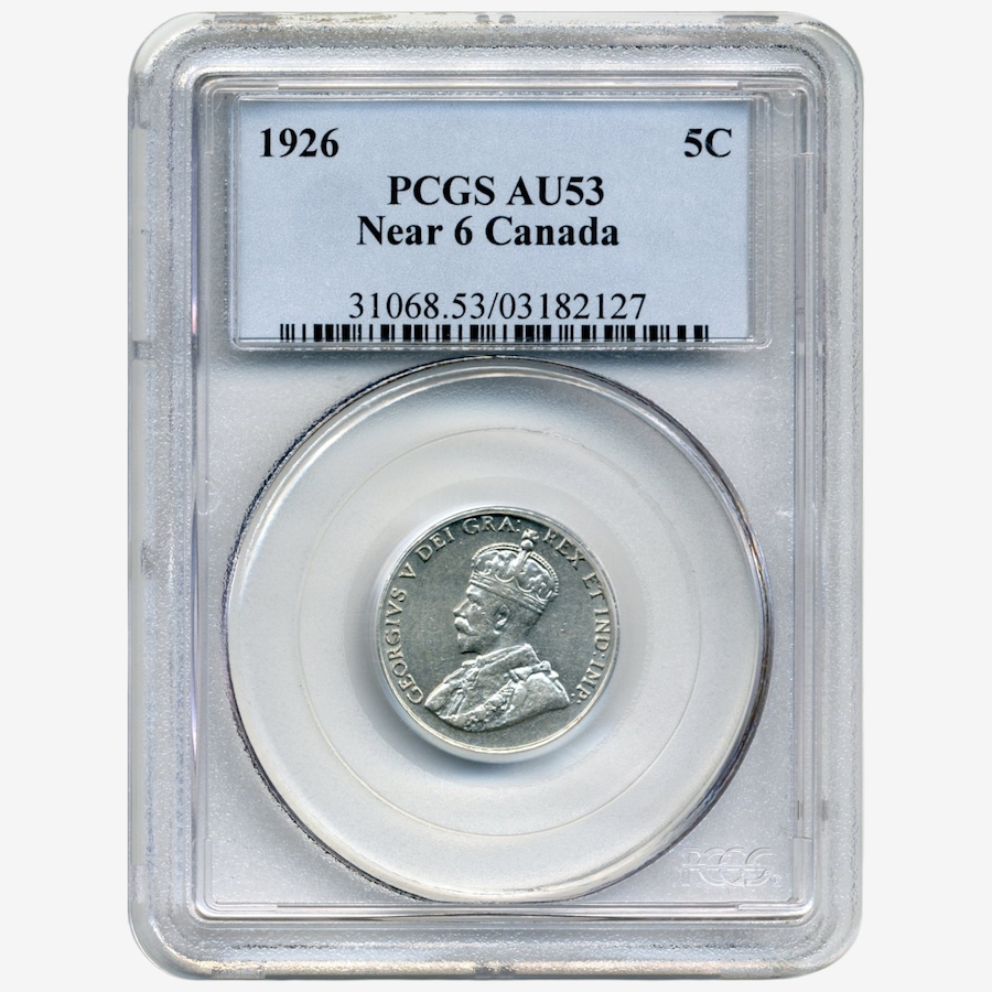 Image 734562.jpg, Product 734-562 / Price $395.00, Scarce Date 1926 Five-Cent Coin, Near 6 Variety, PCGS Certified About Uncirculated 53  from Canadian Coin & Currency on TSC.ca's Coins department