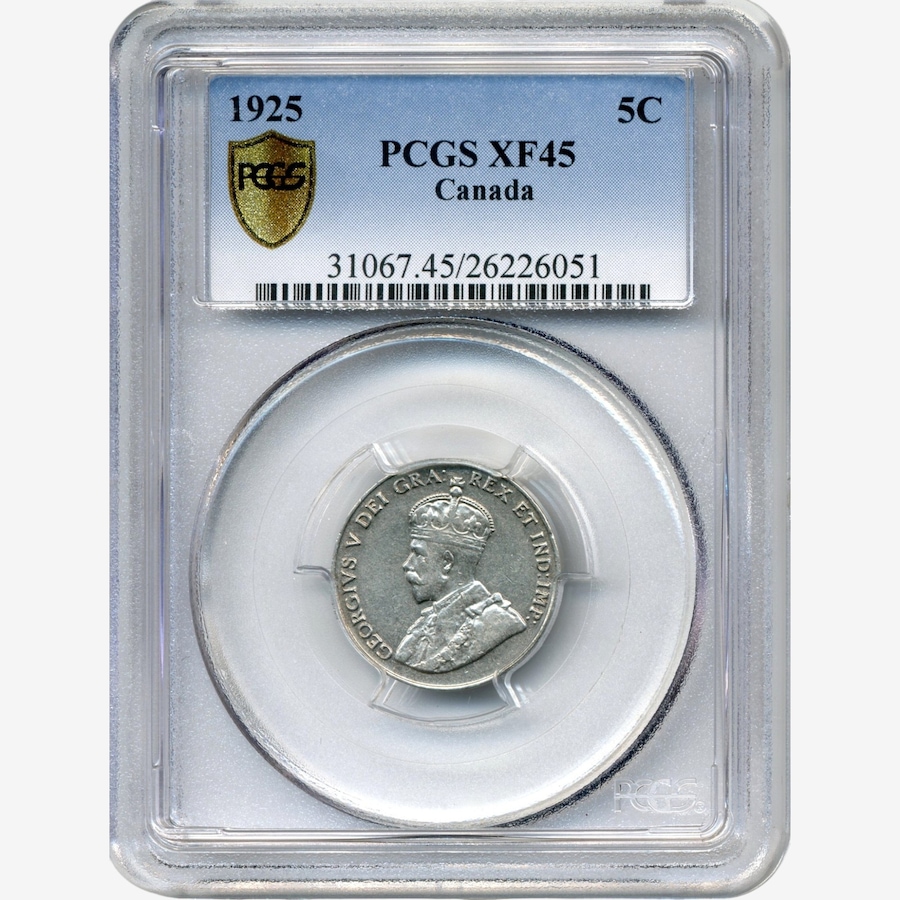 Image 734563.jpg, Product 734-563 / Price $569.00, Rare Key-Date 1925 Five-Cent Coin PCGS Certified Choice Extremely Fine 45  from Canadian Coin & Currency on TSC.ca's Coins department