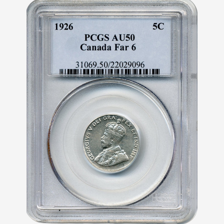 Image 734820.jpg, Product 734-820 / Price $1,250.00, Rare 1926 Far 6 Five-Cent Coin, PCGS Certified About Uncirculated, AU-50 from Canadian Coin & Currency on TSC.ca's Coins department