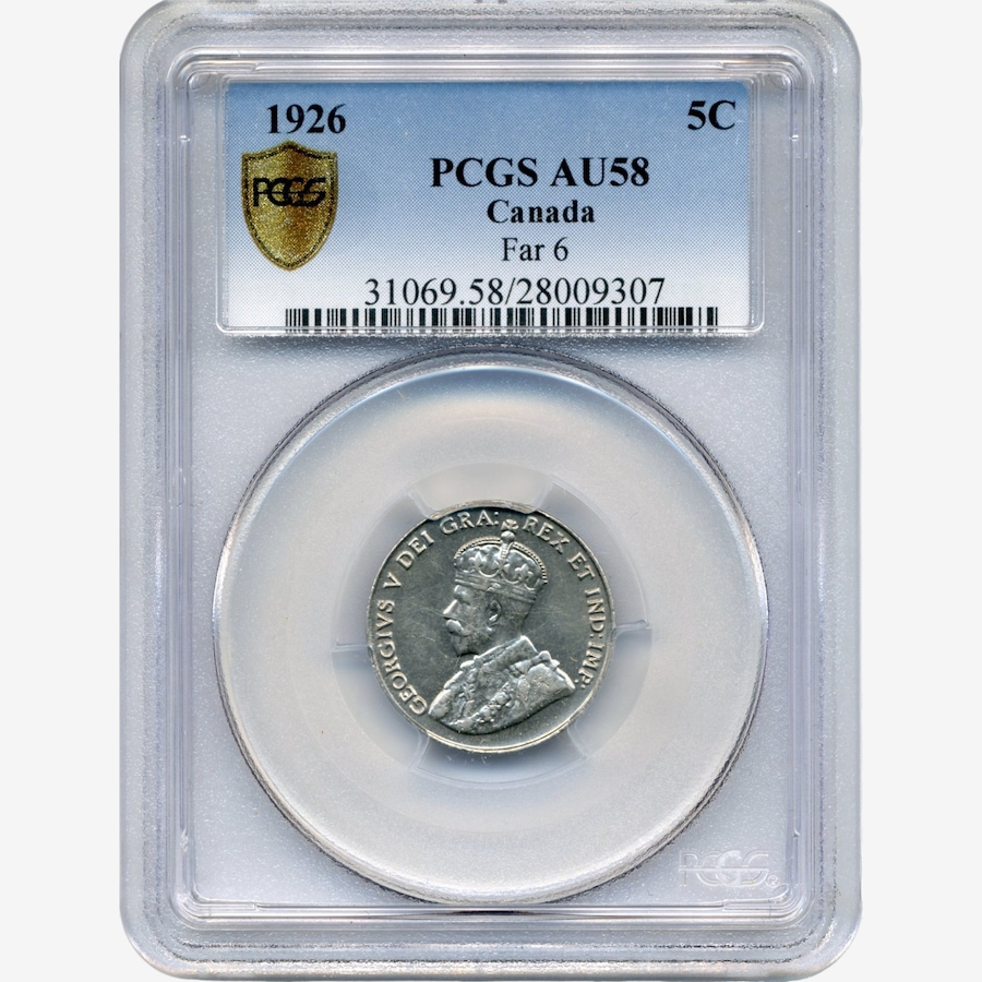 Image 734821.jpg, Product 734-821 / Price $1,850.00, Rare 1926 Far 6 Five-Cent Coin, PCGS Certified Choice About Uncirculated, AU-58 from Canadian Coin & Currency on TSC.ca's Coins department