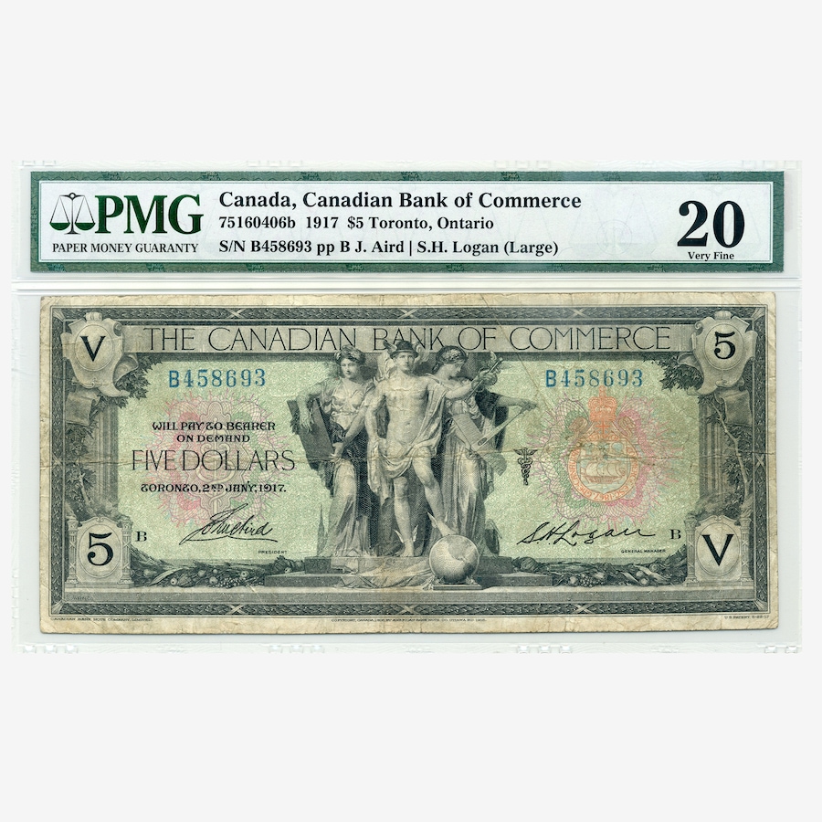 Image 734830.jpg, Product 734-830 / Price $585.00, $5 1917 Canadian Bank of Commerce, PMG Certified Very Fine 20 from Canadian Coin & Currency on TSC.ca's Coins department
