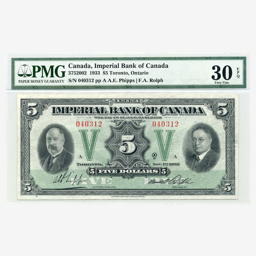 Image 734831.jpg, Product 734-831 / Price $895.00, 1933 $5 Imperial Bank of Canada, PMG Certified Choice Very Fine 30 from Canadian Coin & Currency on TSC.ca's Coins department